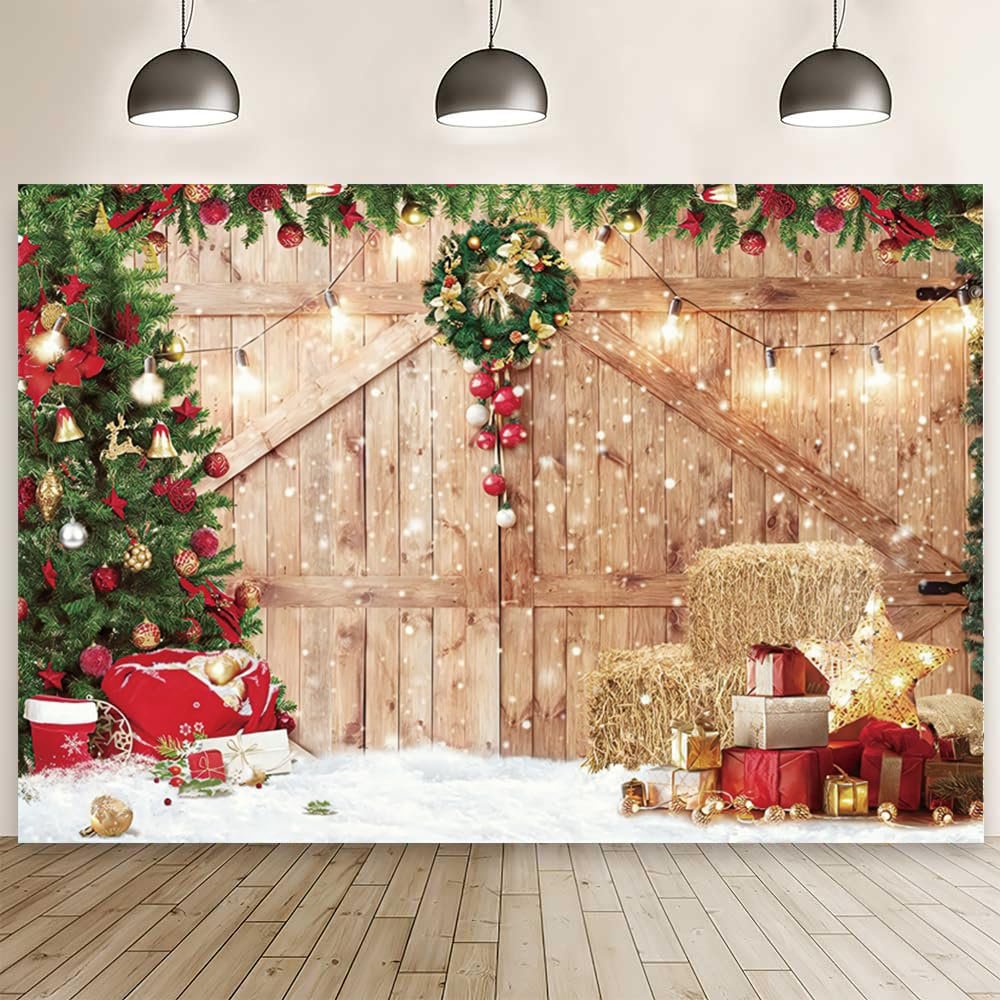 10x6.5ft Christmas Backdrop Snow Wooden Barn Door Xmas Trees Decorations Background Winter Snowflake Gifts Haystack Photography Banner Family New Year Gathering Party Photo Booth Props