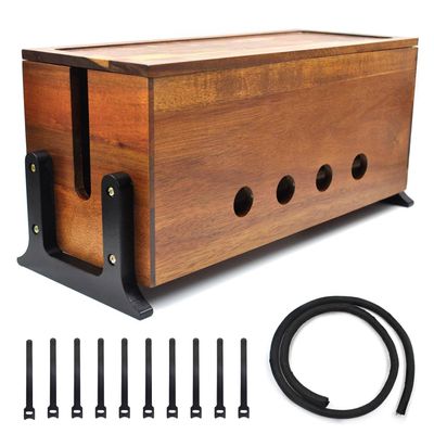 Large Cable Management Box, Wood Cord Hider Box & Organizer for Power Strip Hider Cable Storage for Office, TV Wires, Desk Cord Organizer, 14.1" x 6" x 6.3", Vintage Walnut