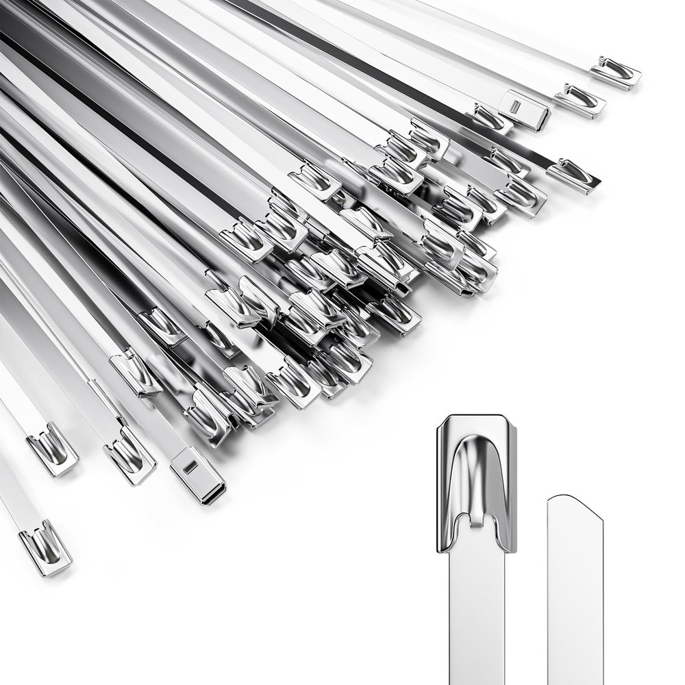100 Pcs Metal Zip Ties 11.8 Inch, Heavy Duty 304 Stainless Steel Self-Locking Cable Ties, for Outdoor Fence, Cables, Pipes, Vehicles, Farms, Automotive Parts, Exhaust Wraps, Silver
