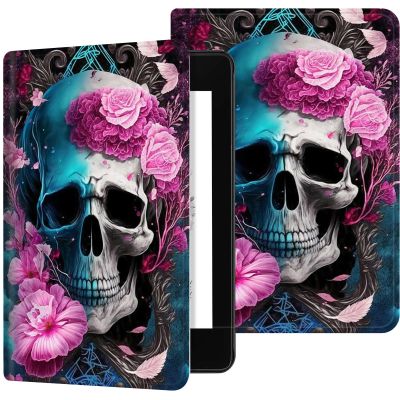 Case for 6.8" Kindle Paperwhite (11th Generation-2021/2023/2024), Slim PU Leather Adjustable Stand Smart Kindle Cover, with Auto Wake/Sleep for Kindle Paperwhite Signature Edition, Flower Skull