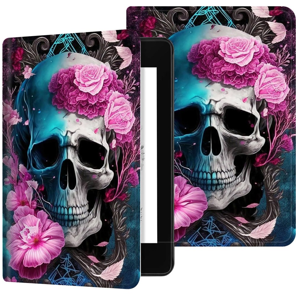 Case for 6.8" Kindle Paperwhite (11th Generation-2021/2023/2024), Slim PU Leather Adjustable Stand Smart Kindle Cover, with Auto Wake/Sleep for Kindle Paperwhite Signature Edition, Flower Skull