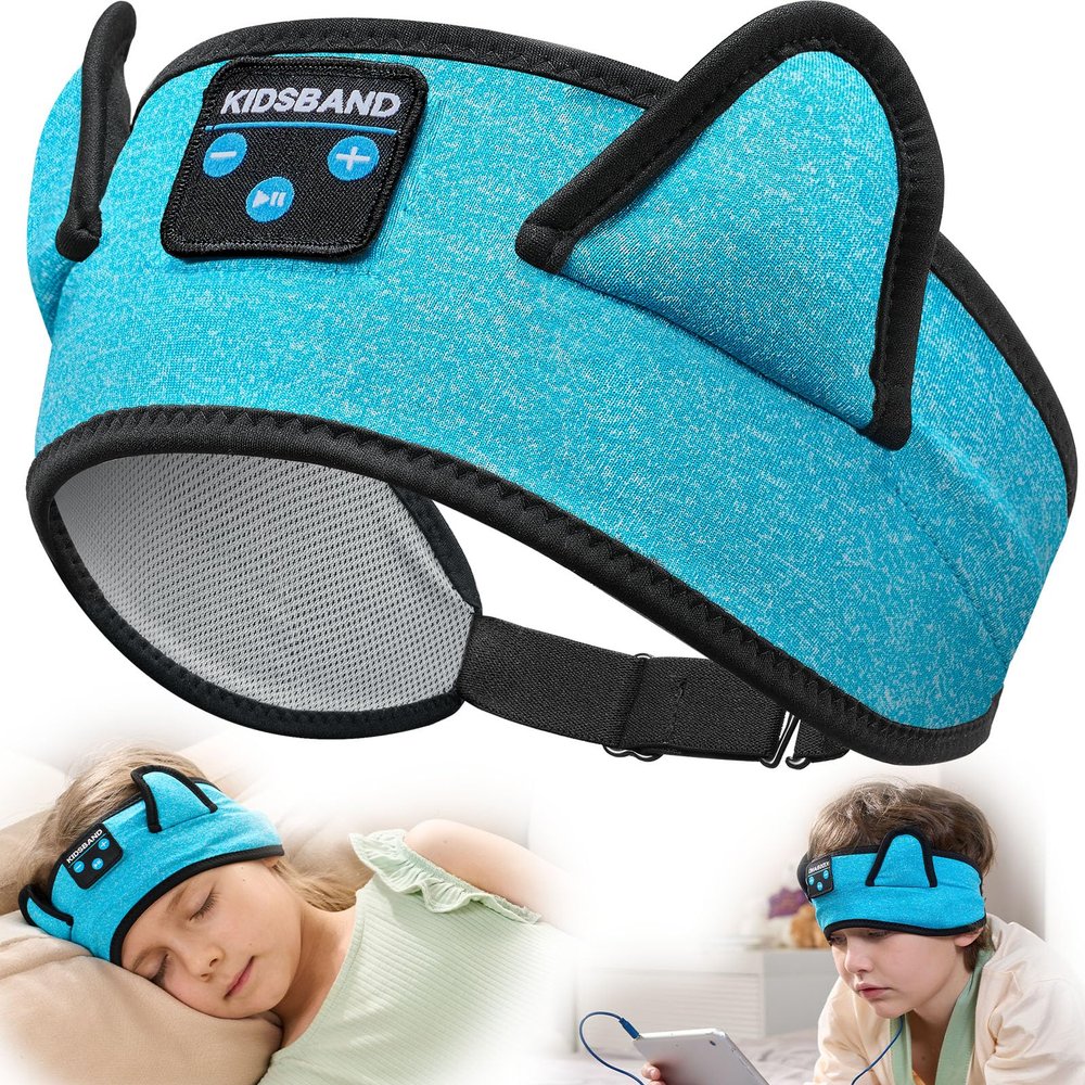 KIDSBAND Kids Headphones, Toddler/Baby Bluetooth Headband, Wireless Sleep Headphones for Kids with Wired Playback 3.5 MM Jack for Teens/Boys/Girls/School/Kindle/Airplane Travel/Plane/Tablet