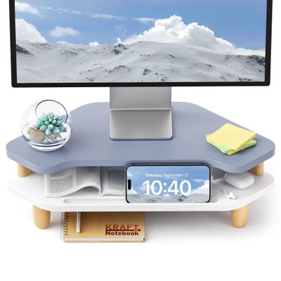 AFOOYO Monitor Stand Riser,2 Tier Corner Wood Monitor Stand Sturdy Computer Stand Multi-Purpose Desktop Storage Stand for Laptop,PC,iMac,Printer,Computer,Blue
