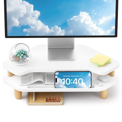 AFOOYO Monitor Stand Riser,2 Tier Corner Wood Monitor Stand Sturdy Computer Stand Multi-Purpose Desktop Storage Stand for Laptop,PC,iMac,Printer,Computer,White