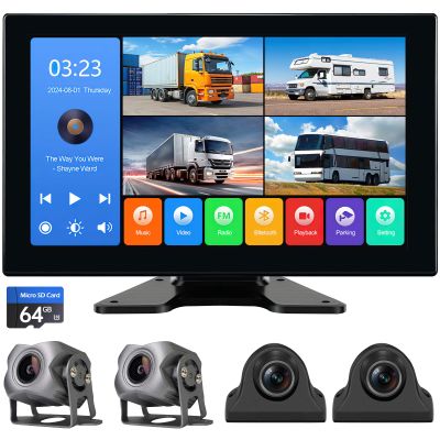 4 Channel 1080p Backup Camera Dash Cam for RV/Truck/Trailer/Van/SUV/Cars,10.2 Inch Touch Screen Quad Split Parking Monitor with DVR Recording/Playback/Bluetooth/FM Radio/Music/Video Player