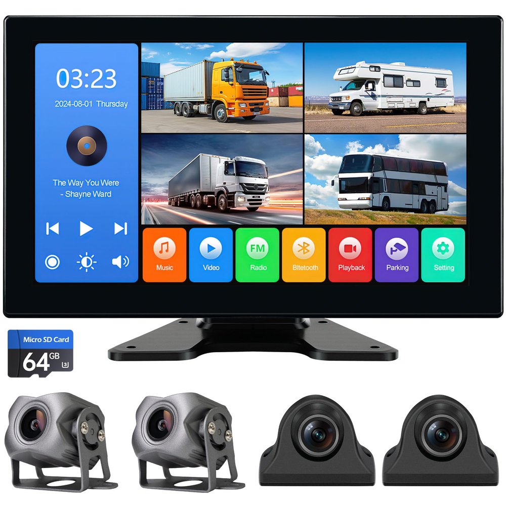 4 Channel 1080p Backup Camera Dash Cam for RV/Truck/Trailer/Van/SUV/Cars,10.2 Inch Touch Screen Quad Split Parking Monitor with DVR Recording/Playback/Bluetooth/FM Radio/Music/Video Player