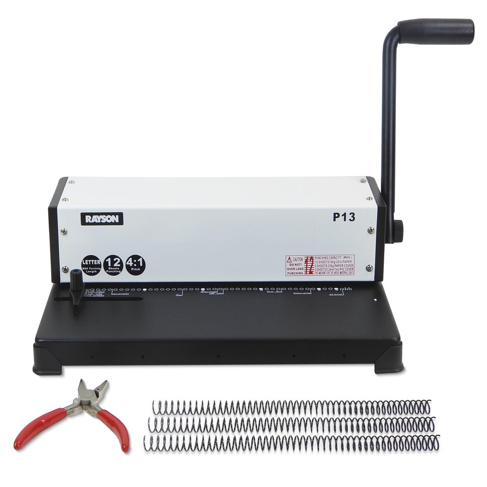 RAYSON P13 Manual Coil Binding Machine | Adjustable Side Margin | 12 Sheet Punch Capacity | Binds Up to 440 Sheets | Heavy-Duty Coil Crimping Pliers Included