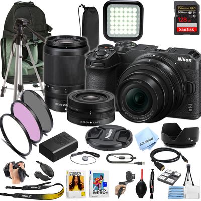 Nikon Z30 Mirrorless Digital Camera W/Nikkor Z 16-50mm & 50-250mm Lenses + 128GB Extreme Memory, LED Light, Filters, Sling Case, Grip Pod, and More (Pro Photo Bundle) (Renewed)