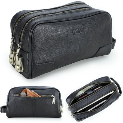 Top Grain Genuine Leather Travel Organizer Clutch Bag, Handmade Retro Vintage Design, 3 Zipper Pockets & Combination Locks, Portable Storage Bag for Phone/Cable/Charger/Notebook/Cash/Cosmetic, Black