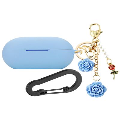 Case for Beats Solo Buds Case Cover with Flower Keychain, Cute Soft Silicone Shockproof Protective Skin Cases for Beats Solo Buds Wireless Earbuds with Carabiner for Women Girl (Azure Blue)