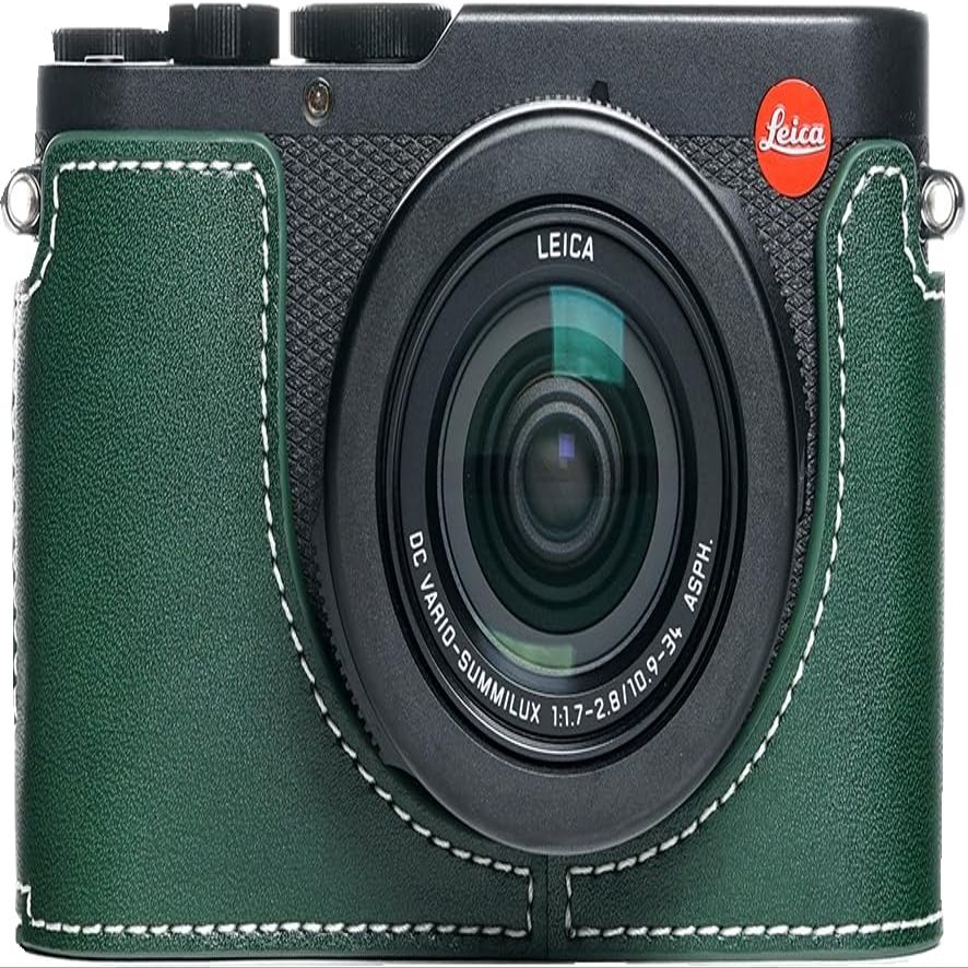 BMAOLLONGB D-Lux 8 Camera Case, Handmade Genuine Real Leather Half Camera Case Bag Cover for Leica D-Lux 8 Camera Bottom Opening Version + Hand Strap (Green)