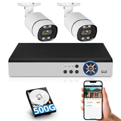 8CH Wired Security Camera System,H.265+ Surveillance Video Recorders with 2 x 2592P 5MP Wired IP66 Bullet Cameras,for Indoor Outdoor Use,500G HDD Included, Email Alert,Mobile APP & PC Remote