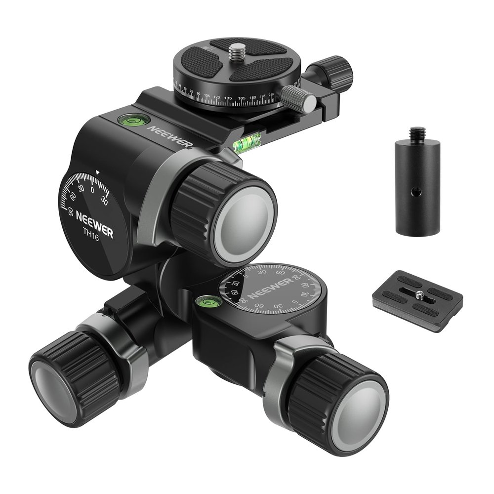 NEEWER 3 Way Geared Tripod Head with 360 Pan Arca Type QR Plate, Millimeter Micro Adjustment, Aluminum Alloy 3 Axis Pan Tilt Head with Quick Switch Large & Fine Dual Modes, Max Load 13.2lb/6kg, TH16