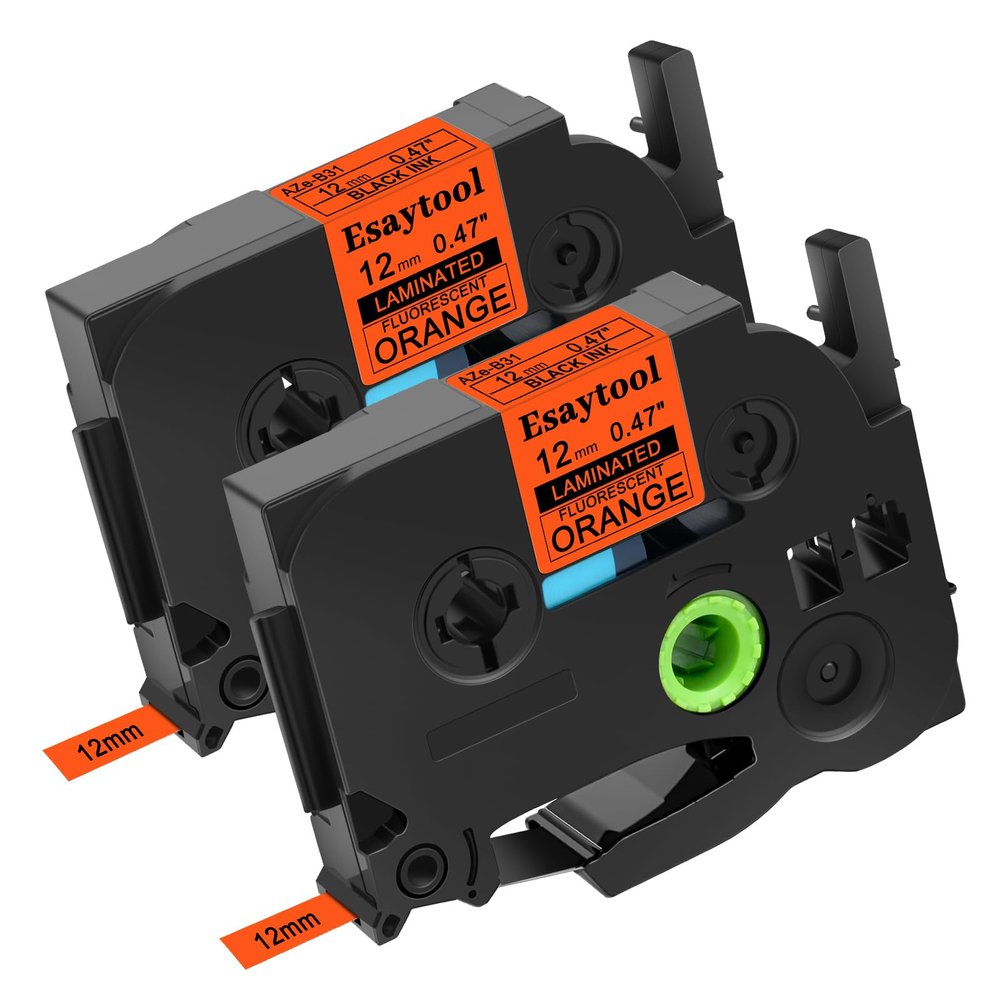 2 Pack Esaytool Compatible with P-Touch TZeB31 TZB31 TZe-B31 Label Tape Black on Orange Fluorescent Laminated 12mm 0.47 inch x 16.4 feet for PTH110 PTD210 PTD600 PT-P710BT PTD400AD PT-D450