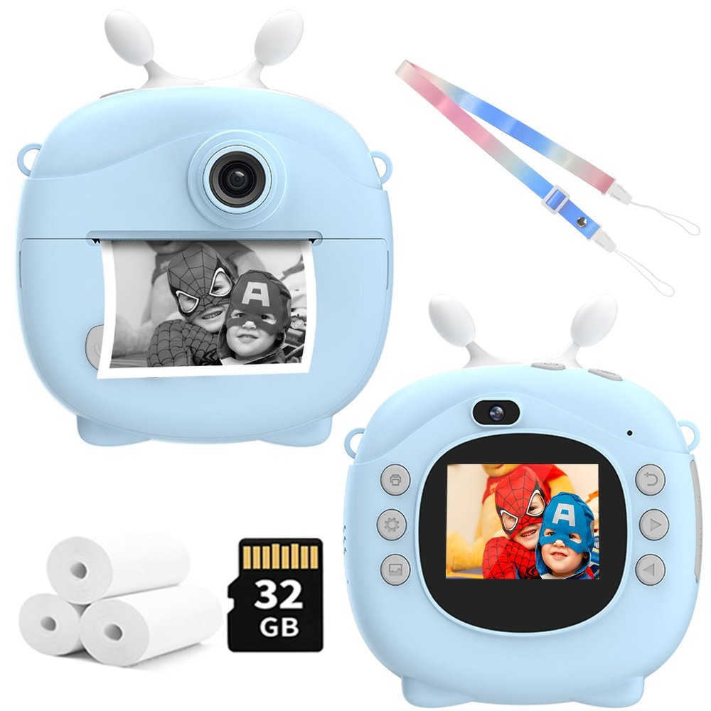 Kids Instant Print Camera, Christmas Birthday Gifts with 3 Rolls Printer Paper, HD Digital Camera for Toddler, Portable Travel Toy for 3-12 Ages Girls Boys, with 32GB SD Card-Blue