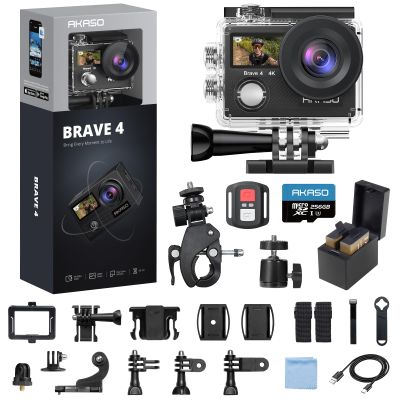 AKASO Brave 4 Action Camera with 256GB MicroSDXC U3 Card 4K30FPS 20MP Ultra HD 131FT Waterproof Underwater Camera EIS WiFi Remote Control 5X Zoom Sport Camera with Motorcycle Bicycle Accessories Kit