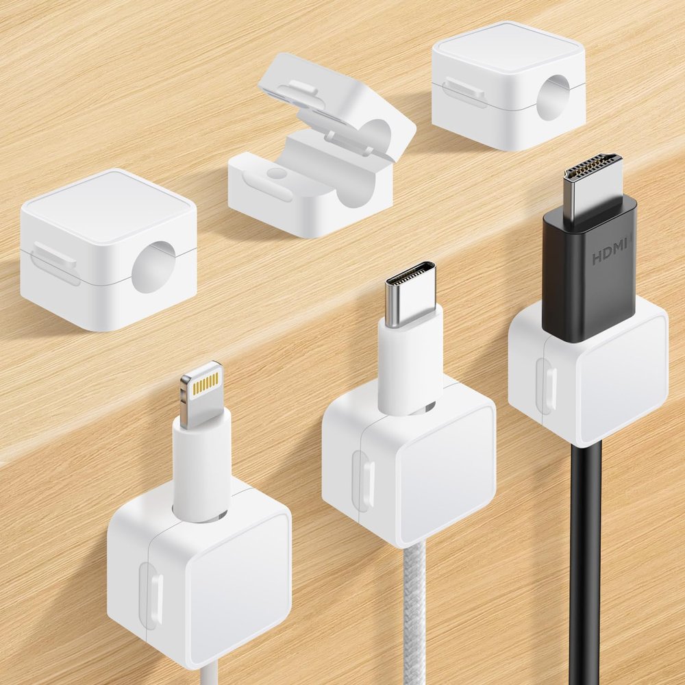 6 Pack Magnetic Cable Clips+2 Sheets (20 Lables) Cute Self-Adhesive Sticker Lables, 11.5mm Ultra Slim Smooth Adjustable Cord Holder, Under Desk Cable Management for Home/Office/Kitchen/Nightstand