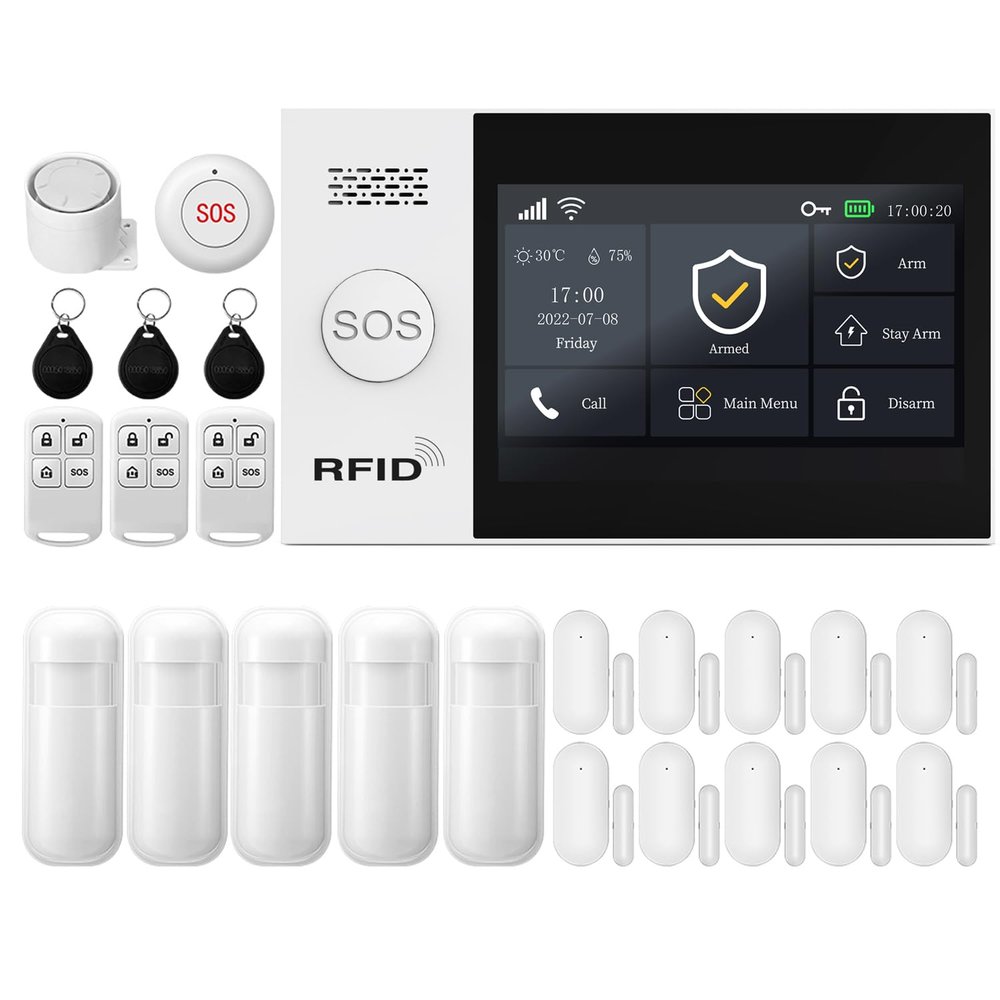 YBJ Full Touch Screen Wireless Smart Home alarm system, DIY 4G and WiFi Burglar Alarm System for Home Security with APP Alert, 24-Piece-Kit (Motion Detector, Door Window Sensor, Remote Control, Siren)