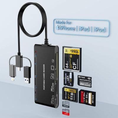 7-in-3 Lightning & USB-C & USB3.0 Multi Card Reader, SD CF XD MS Micro SD TF Card Reader for iPhone/iPad, Memory Card Reader High-Speed Trail Camera Viewer, Plug and Play, Simultaneously Read/Write