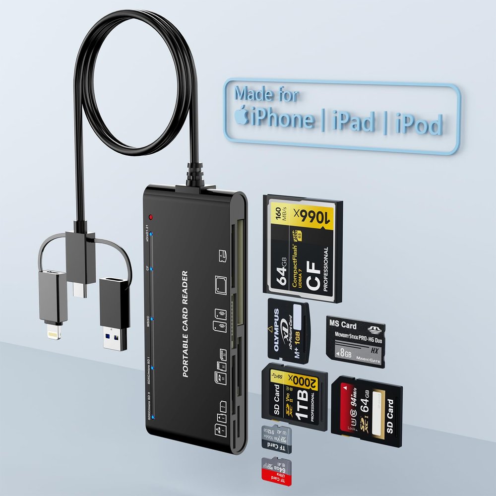 7-in-3 Lightning & USB-C & USB3.0 Multi Card Reader, SD CF XD MS Micro SD TF Card Reader for iPhone/iPad, Memory Card Reader High-Speed Trail Camera Viewer, Plug and Play, Simultaneously Read/Write