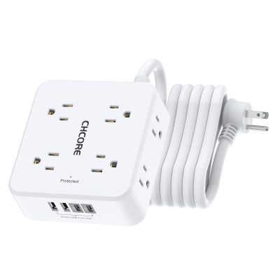 10Ft Surge Protector Power Strip - CHCORE Flat Plug Extension Cord with 8 Outlets and 4 USB Ports(2 USB C), 3 Side Wall Mount Outlet Extender for Home Dorm Room Essentials, ETL Listed, White