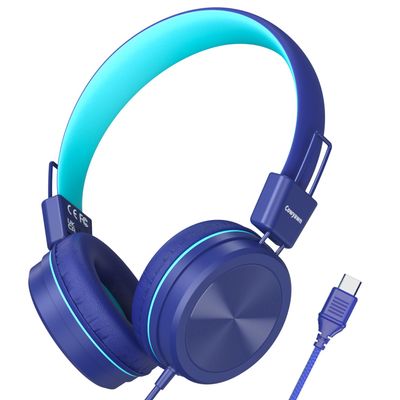 Cowyawn USB Type C Kids Headphones for School, 94dB Volume Limited, Kids Headphones with USB C Cord, HD Stereo Sound, Foldable Lightweight On-Ear USB-C Wired Headphones for Boys/Girls, Dark Blue