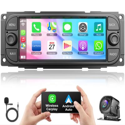[4G+64G] Car Radio for Dodge RAM 2002 2003 2004 2005 2006, for Jeep Wrangler 2003 2004 2005 2006,Jeep Grand Cherokee 1999-2004, Support Wireless Carplay&Android Auto, 6.8 inch IPS Touchscreen
