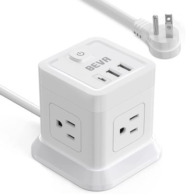 BEVA Power Strip with USB - 10ft Long Extension Cord with 4 Widely Spaced Outlets and 3 USB Ports Cube Desktop Charging Station, Overload Protection, Compact for Travel, Cruise Ship and Dorm