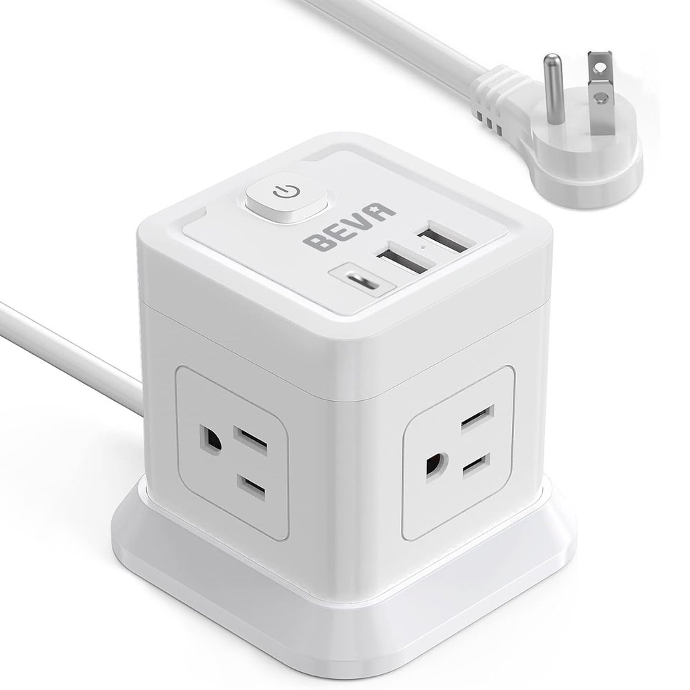 BEVA Power Strip with USB - 10ft Long Extension Cord with 4 Widely Spaced Outlets and 3 USB Ports Cube Desktop Charging Station, Overload Protection, Compact for Travel, Cruise Ship and Dorm