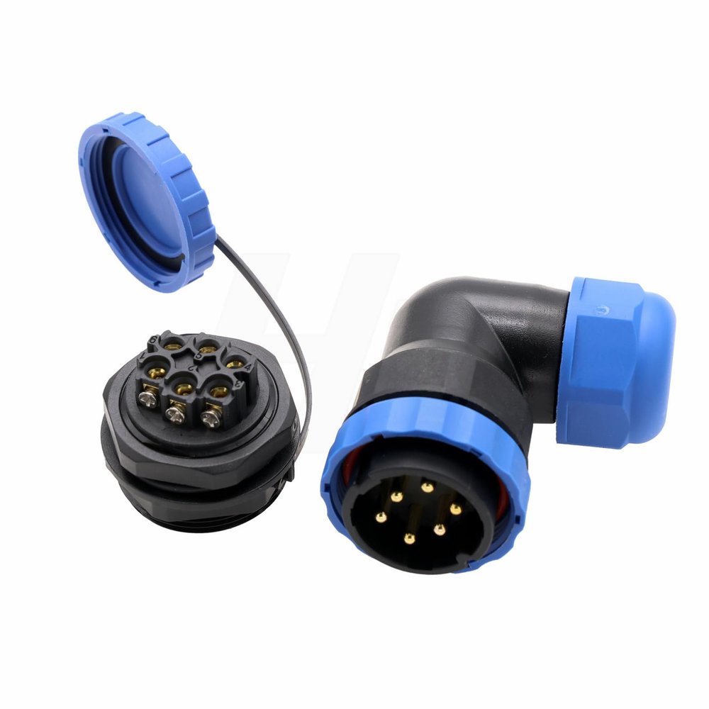 HangTon TY28 6 Pin 25A Screw Connection Electrical Power Connector, Female Panel Mount Socket and Male Right Angled 90-Degree Cable Plug, Solder-Free Waterproof Quick-Disconnect for Marine Automotive