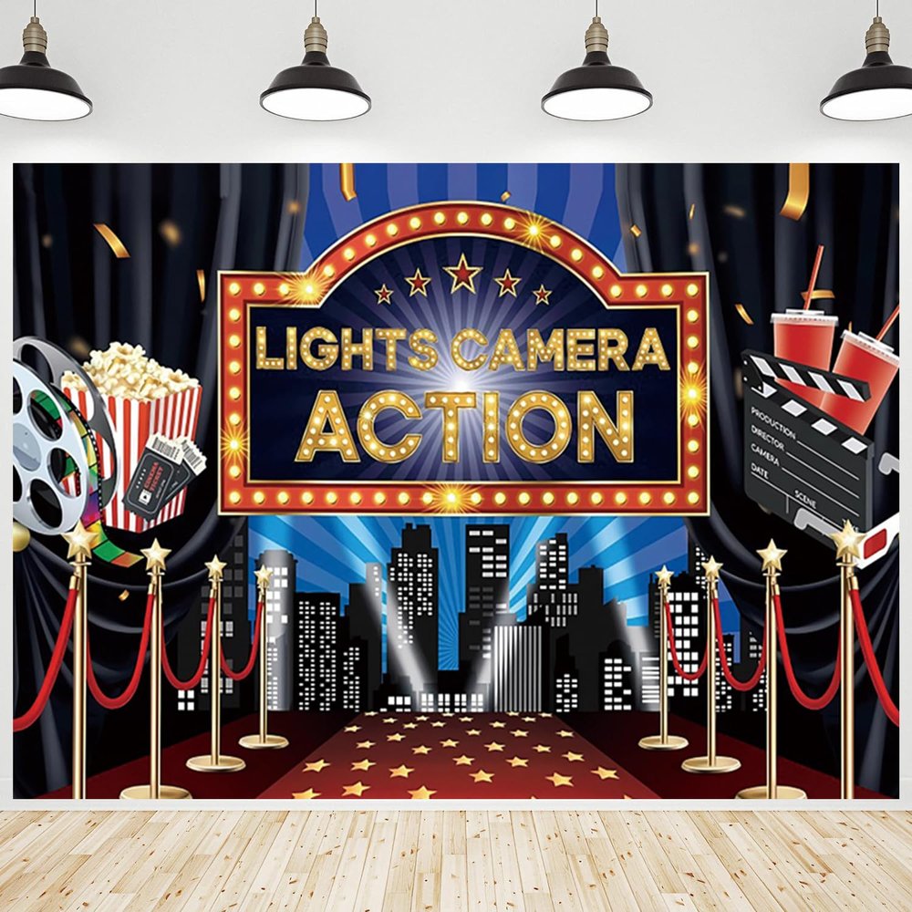CRTPOD Movie Night Backdrop Lights Camera Action Black and Red Scene Background Photography Banner for Family Portrait Birthday Movie Themed Party Decorations Supplies Photo Photobooth Props 10x8ft