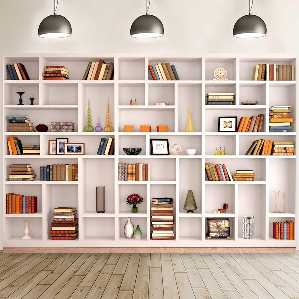 12x8ft White Bookshelf Backdrop Library Books Shelves Modern Office Bookcase Photography Background Home Office Meeting Video Conference Decoration Banner Study Students Portrait Photo Props