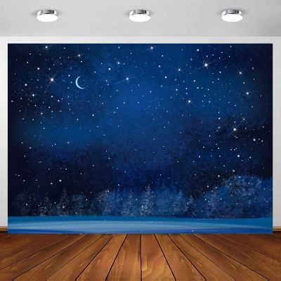 10X10ft Winter Night Sky Forest Photo Backdrop Photography Background, Blue Christmas Wonderland Starry Sky Snowflakes Backdrops Photo Booth Prop Decorations Wall Decor Banner Tablecloth