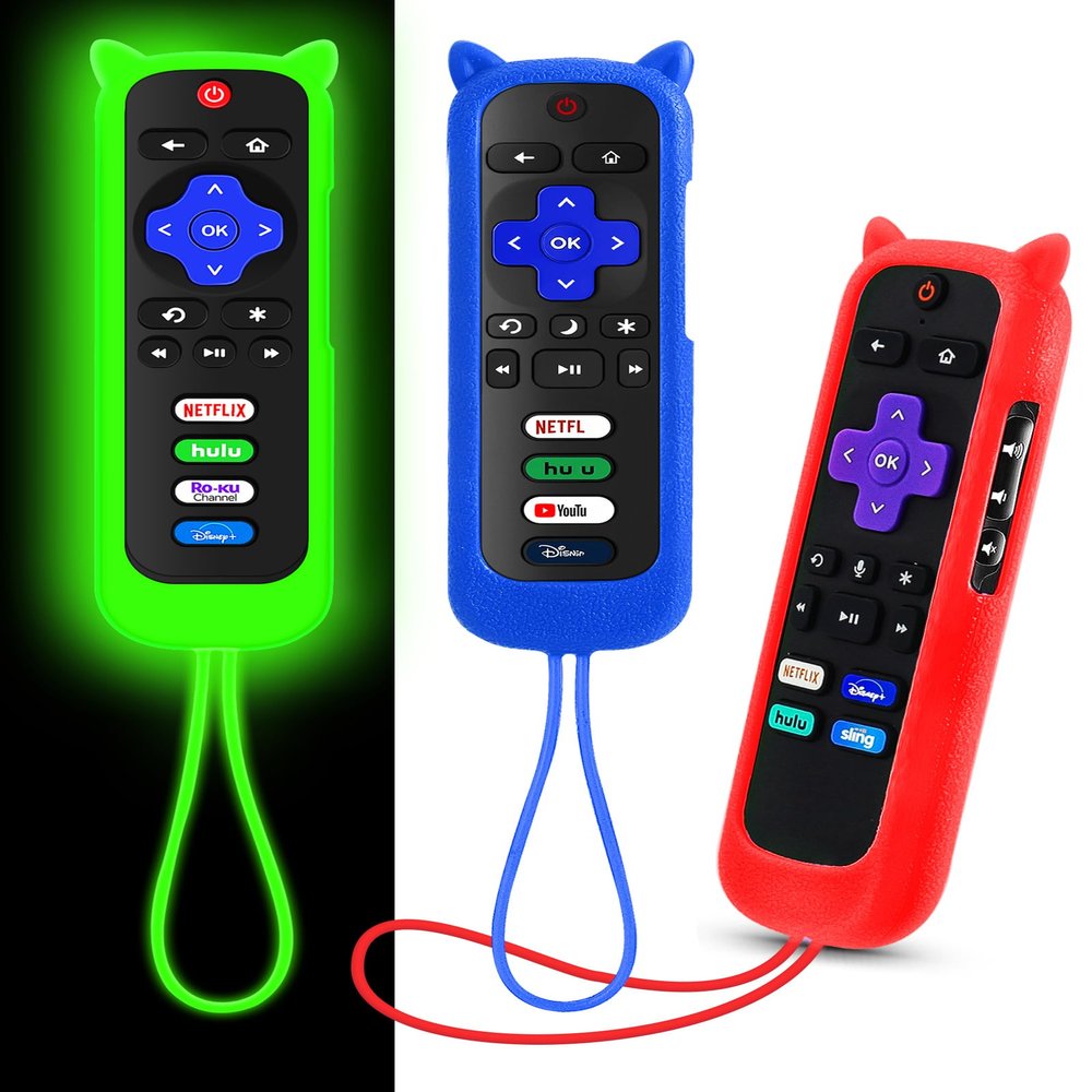 3Pcs Cover for Roku Remote with Cat Ears Design, Silicone Skin Case Compatible with Hisense/TCL Roku TV, Steaming Stick/Express, Universal Replacement Controller. Glow in The Dark Green/Blue/Red