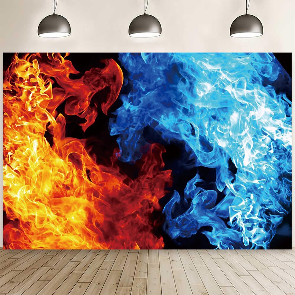 20x10ft Ice and Fire Backdrop Blue Water Red Flame Abstract Mix Artistic Photography Background Smoke Raging Fire Black Decor Wallpaper Banner Women Men Birthday Party Photo Studio Props