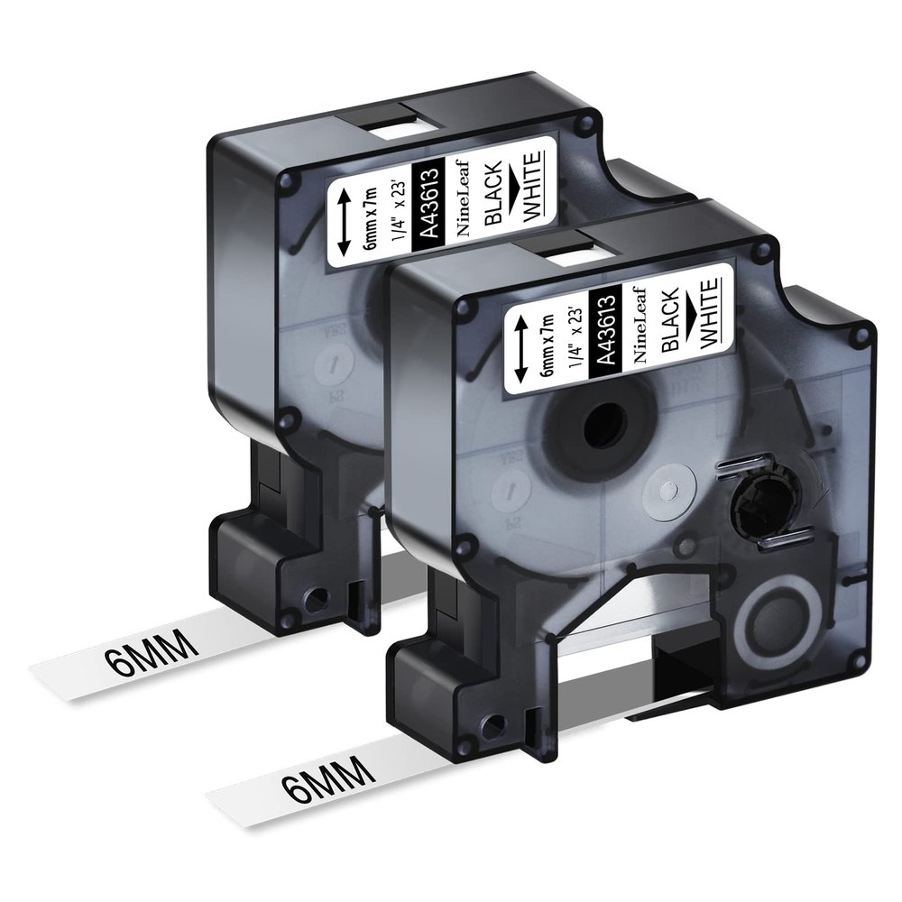 NineLeaf 2 PK Compatible for Dymo D1 43613 S0720780 Label Tape 6mm 1/4 Inch Black on White Refill Tape for LabelManager 160 280 360D PnP 500TS LabelWriter 450 Duo COLORPOP Label Maker