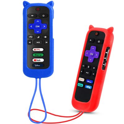 2Pack ONEBOM Cover for Roku Remote with Cat Ears Design, Silicone Skin Case Compatible with Hisense/TCL Roku TV, Steaming Stick/Express, Universal Replacement Controller. Glow in The Dark,Blue/Red