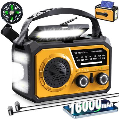 16000mAh Hand Crank Emergency Weather Radio with Wireless Speaker, 59200mWh NOAA AM FM Solar Radio with Flashlight Cell Phone Charger Reading Lamp Compass SOS for Camping and Survival (Orange)