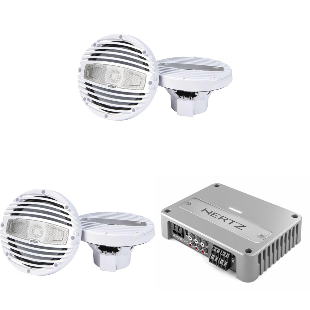 HERTZ 2 Pairs HMX 6.5-TW 6 1/2" White Sport Grill Coaxial Marine Speakers with Venezia V4C 4-Channel Compact Marine Amplifier