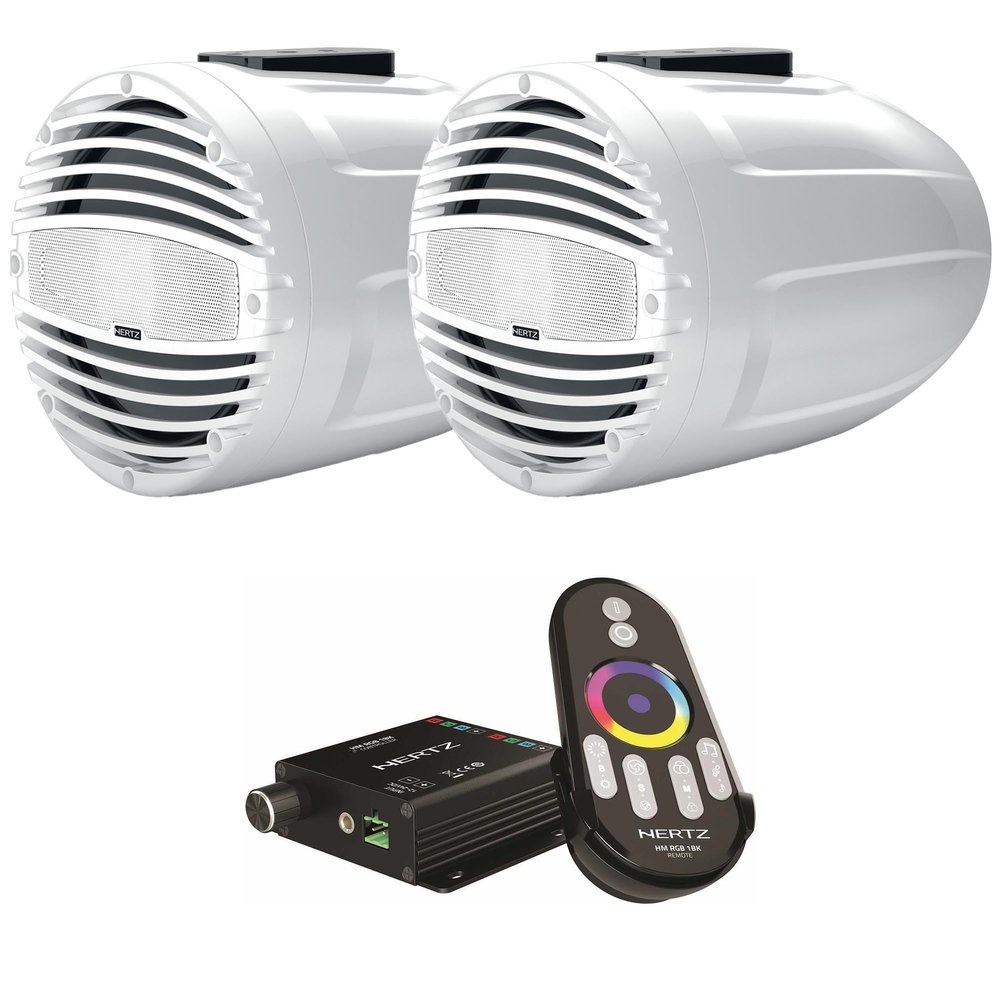 HERTZ HTX 8 M-FL-TW 8" White Marine Wake Tower Flat Mount Speaker Pair with LED Controller