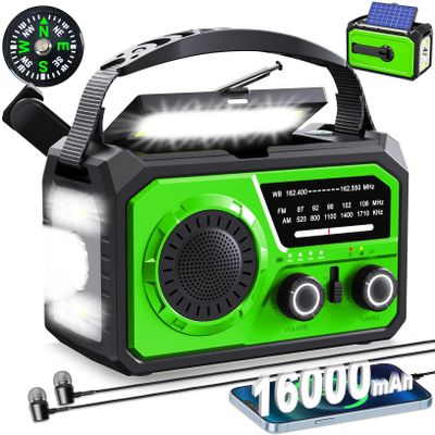 16000mAh Hand Crank Emergency Weather Radio with Wireless Speaker, 59200mWh NOAA AM FM Solar Radio with Flashlight Cell Phone Charger Reading Lamp Compass SOS for Camping and Survival (Green)