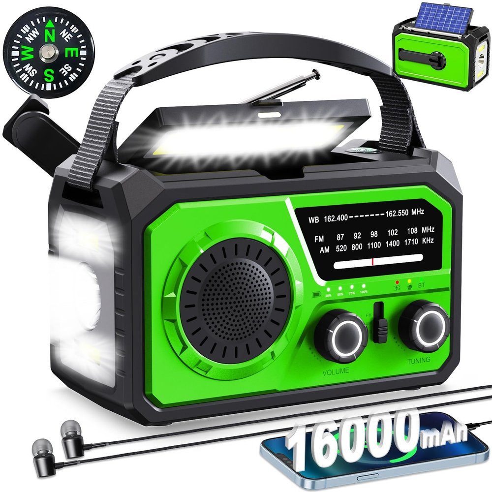 16000mAh Hand Crank Emergency Weather Radio with Wireless Speaker, 59200mWh NOAA AM FM Solar Radio with Flashlight Cell Phone Charger Reading Lamp Compass SOS for Camping and Survival (Green)