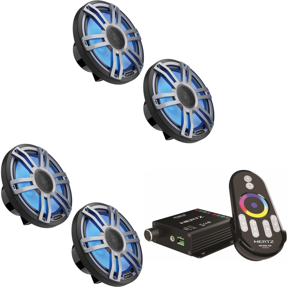 HERTZ 2 Pair HMX 6.5 S-LD-G 6 1/2" Gray Grill Coaxial Marine Speakers with RGB LEDs and HM-RGB-1-BK Marine RGB LED Controller with RF Remote Control