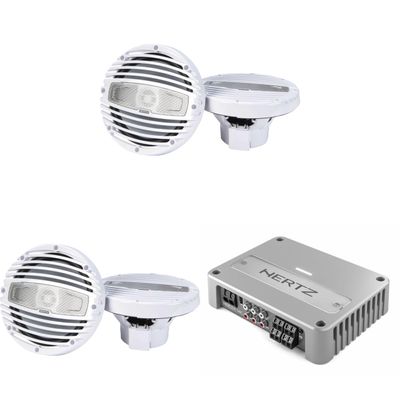 HERTZ 2 Pairs HMX 8-TW 8" White Sport Grill Coaxial Marine Speakers with Venezia V4C 4-Channel Compact Marine Amplifier