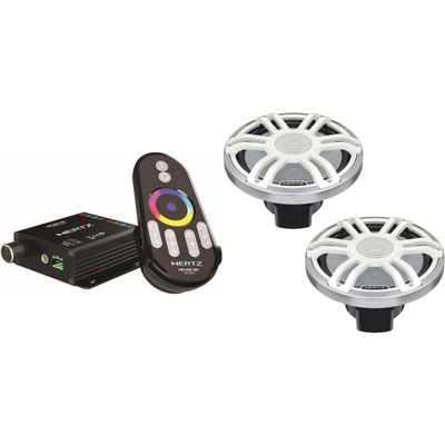 HERTZ HMX 8 S-LD-SW 8" White/Silver Grill Coaxial Marine Speakers with RGB LEDs and HM-RGB-1-BK Marine RGB LED Controller with RF Remote Control