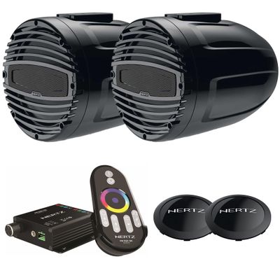 HERTZ HTX 8 M-FL-TC 8" Black Marine Wake Tower Flat Mount Speaker Pair with Rear LED Logo and LED Controller