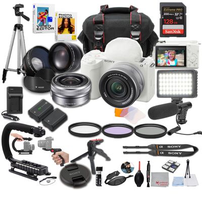 Sony ZV-E10 II (White) + Sony 16-50mm Lens (Silver), Wide Angle and Telephoto Lens, LED Video Light, Microphone, U Grip, 128GB Extreme Memory, Filters, Case & More Pro Video Bundle (35pc)