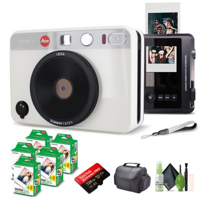 Leica Sofort 2 Hybrid Instant Photo Film and Digital Camera (White) (19188) with LCD Display Bundle with Fujifilm Instant Film 100 Sheets + 128 GB Memory Card + Bag + Cleaning Kit