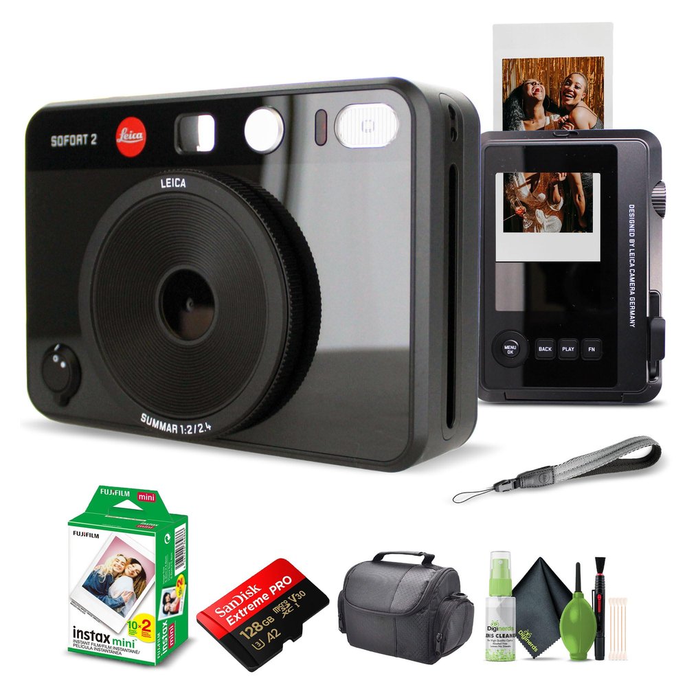 Leica Sofort 2 Hybrid Instant Photo Film and Digital Camera (Black) (19190) with LCD Display Bundle with Fujifilm Instant Film 20 Sheets + 128 GB Memory Card + Bag + Cleaning Kit