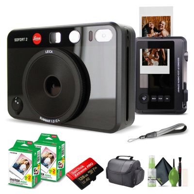 Leica Sofort 2 Hybrid Instant Photo Film and Digital Camera (Black) (19190) with LCD Display Bundle with Fujifilm Instant Film 40 Sheets + 128 GB Memory Card + Bag + Cleaning Kit